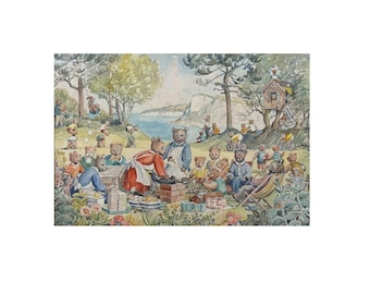 The Teddy Bears Picnic , Charming Original Watercolour Painting G J Woods 1991 British