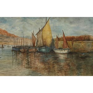 Barche da pesca nel porto di Newquay, Cornovaglia, M. Orton, acquerello, 1959