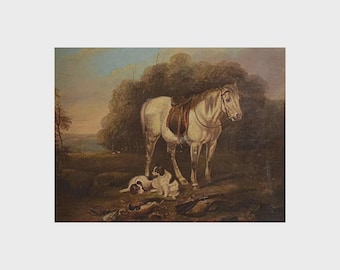 English School Game with Springer Spaniels a Huntsman’s Horse Oil Painting c1800