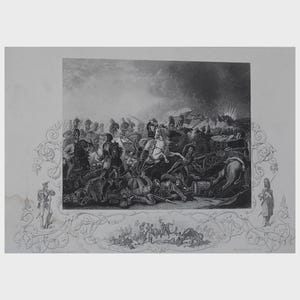 May include: A black and white engraving depicting a historical battle scene with numerous soldiers on horseback and on foot. The artwork features detailed depictions of weaponry, uniforms, and a dynamic composition, framed by decorative scrollwork.
