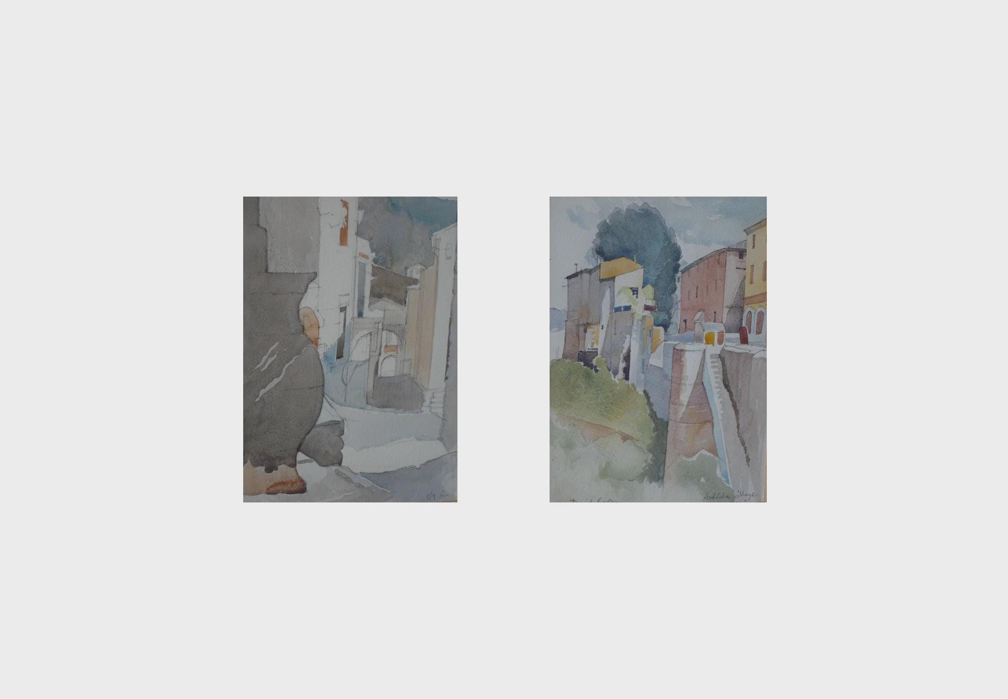 Village in Ardeche Cote-Rhone France Watercolours Pair David Easton c1970s