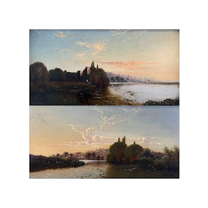 May include: Two landscape paintings depicting serene river scenes at dusk. The top painting shows a building on a small island, while the bottom painting features figures near the water's edge. Both paintings have a soft color palette of blues, greens, and oranges.