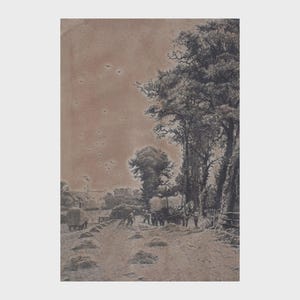 May include: A sepia-toned landscape print depicting a rural scene with figures working in a field. Trees line the right side, and a building is visible in the distance. The artwork has a vintage aesthetic.