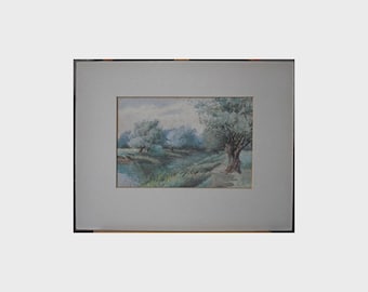 Meandering River Through Forestry Antique Watercolour Initialled PMM 1895