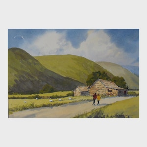 Figure in una fattoria Probabilmente Yorkshire Inghilterra Acquerello Frank Halliday c2000