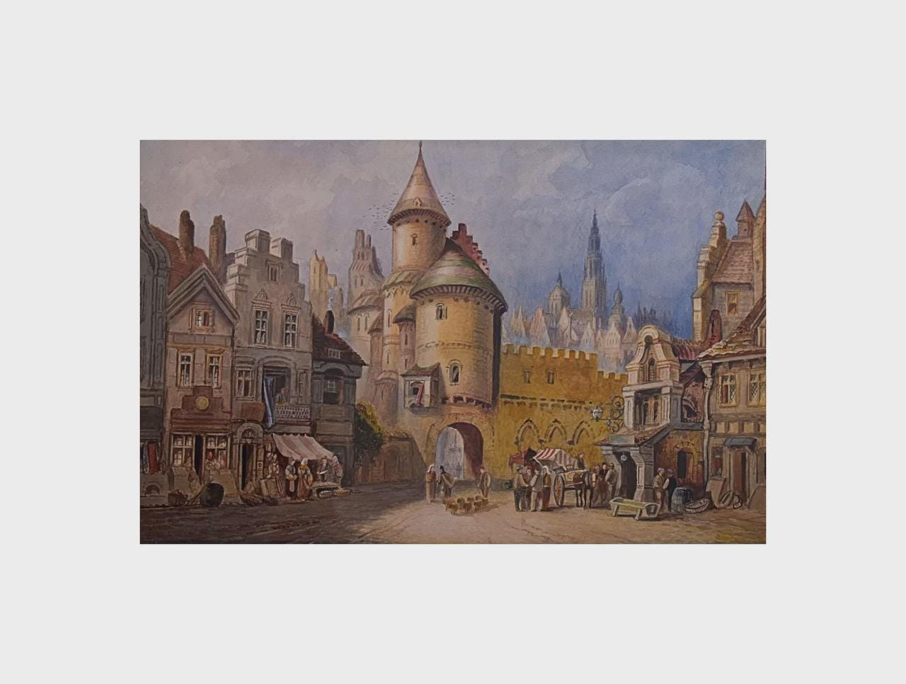 Market Day in Old Antwerp Antique Watercolour c1900 Cecil Jack Keats Belgian School