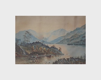 Fisherfolk on a Loch in the Scottish Highlands Watercolour Unsigned c1890