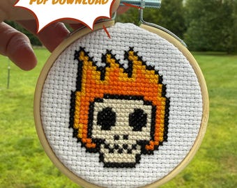 Mini Flash Flaming Skull American Traditional Cross Stitch Pattern PDF
