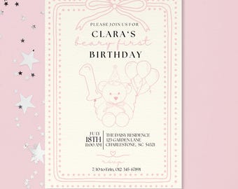 Invitación de primer cumpleaños de Beary editable para niña de primer cumpleaños, osito de peluche, invitación de primer cumpleaños para niña, rosa, descarga digital instantánea, imprimible