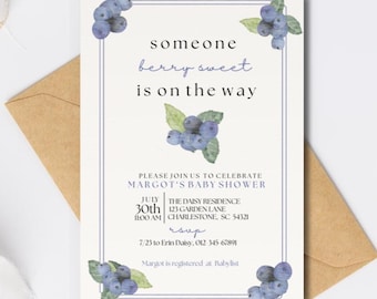 Zaproszenie na baby shower z jagodami i słodkimi jagodami, edytowalne zaproszenie na baby shower, neutralne pod względem płci, cyfrowe pobranie, drukowane zaproszenie