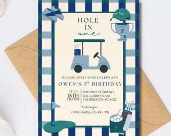 Hole In One Birthday Invitation Hole In One Invite Boy Blue Golf Par-tee Golf First Birthday Invite Hole-In-One Partee Instant Download
