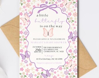 Schmetterling-Babyparty-Einladung Lila Schmetterling-Babyparty einladen Mädchen-Babyparty-rosa Schmetterlings-Blumen-Babyparty Digitaler Download