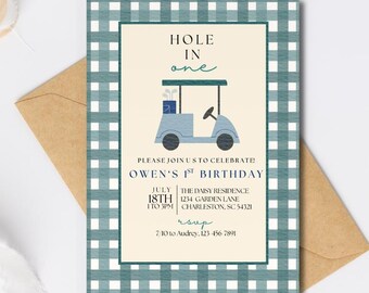 Hole In One Birthday Invitation Hole In One Invite Boy Blue Golf Par-tee Golf First Birthday Invite Hole-In-One Partee Instant Download