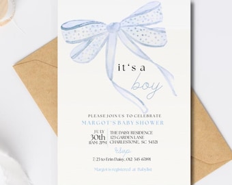 Blue Bow Baby Shower Invitation Editable Printable Blue Coquette Baby Boy Shower Invite Instant Download Baby Boy Sprinkle Digital Invite