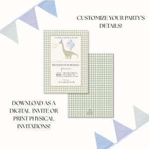 Peut inclure: Une invitation num&eacute;rique sur le th&egrave;me des dinosaures. L'invitation pr&eacute;sente un dinosaure vert avec un chapeau de f&ecirc;te et des ballons. Le texte dit "F&ecirc;tons comme des dinosaures, Dennis a quatre ans". Le fond est un motif vichy vert clair.