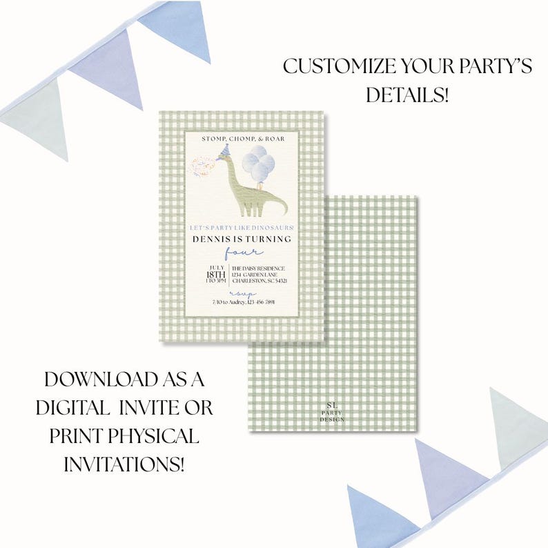 Peut inclure: Une invitation num&eacute;rique sur le th&egrave;me des dinosaures. L'invitation pr&eacute;sente un dinosaure vert avec un chapeau de f&ecirc;te et des ballons. Le texte dit "F&ecirc;tons comme des dinosaures, Dennis a quatre ans". Le fond est un motif vichy vert clair.