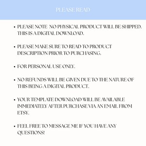 Peut inclure: Fond blanc avec le texte "PLEASE READ" en haut. Des puces d&eacute;taillent les informations de t&eacute;l&eacute;chargement num&eacute;rique, y compris l'absence de produit physique, la lecture de la description du produit, l'utilisation personnelle uniquement et les t&eacute;l&eacute;chargements Etsy.