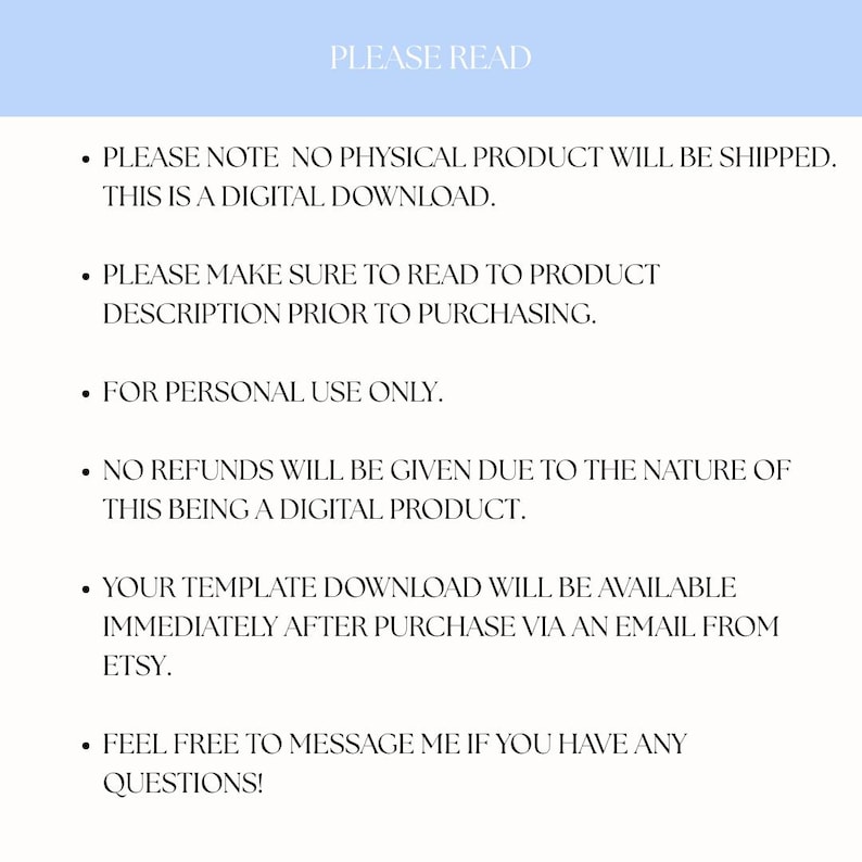 Peut inclure: Fond blanc avec le texte "PLEASE READ" en haut. Des puces d&eacute;taillent les informations de t&eacute;l&eacute;chargement num&eacute;rique, y compris l'absence de produit physique, la lecture de la description du produit, l'utilisation personnelle uniquement et les t&eacute;l&eacute;chargements Etsy.