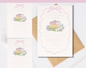 Storybook Baby Shower Invitation Set A New Chapter Begins Pink Girl Baby Shower Baby Girl Book Theme Baby Shower Digital Printable