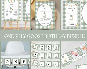 ワン・シリー・グース 1歳の誕生日招待状バンドル ワン・シリー・グース 1歳の誕生日セット 即時ダウンロード グース バースデーデコレーション