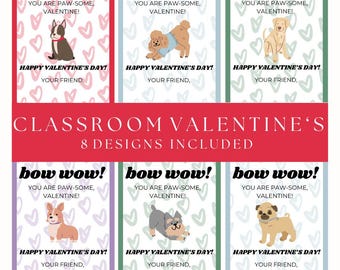Puede incluir: Un conjunto de ocho tarjetas de San Valentín para el aula con ilustraciones de perros. Cada tarjeta tiene la frase "bow wow! You are paw-some, Valentine!" y "Happy Valentine's Day!" con "Your Friend,".