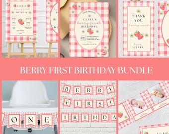 Zestaw na pierwsze urodziny Berry Zestaw na pierwsze urodziny Berry Zestaw zaproszeń na pierwsze urodziny Berry Truskawkowe urodziny Pierwsze urodziny dziewczyny Berry