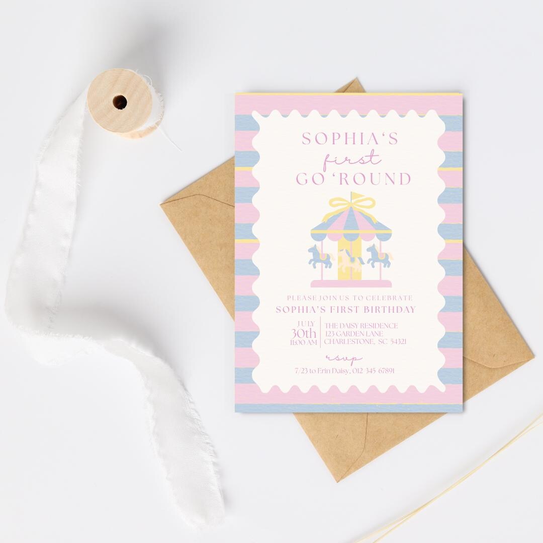 First Go Round Birthday Invitation Pink Carousel First Birthday Girl ...