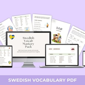 Swedish Vocabulary PDF | 500 Essential Words + Plurals, English Translation, Grammar Tips & Sentences | Language Learning Printable