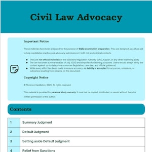 May include: A document in teal and white, titled "Civil Law Advocacy", detailing legal topics. It features a table of contents with items like "Summary Judgment" and "Default Judgment". Includes an "Important Notice" and copyright information.