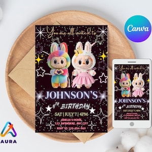 Labubu-verjaardagsuitnodiging: bewerkbare Canva-feestsjabloon (afdrukbare digitale download)