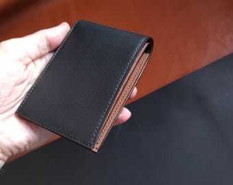 Handgefertigte Bifold Brieftasche aus schwarzem Leder, schlankes Design, Herrengeschenk