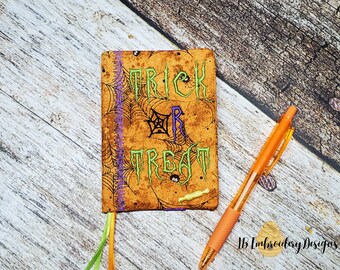 ITH Mini Composition Book Cover HALLOWEEN Themed-LINED-in the hoop machine embroidery-Trick or Treat words-mini Halloween designs-no sewing!