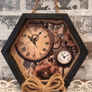 Rustic Vintage Clock Shadow Box Decor  | Hexagon Wood Frame Farmhouse Decor