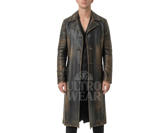 Men’s Vintage Distressed Leather Long Coat – Real Leather Trench Coat