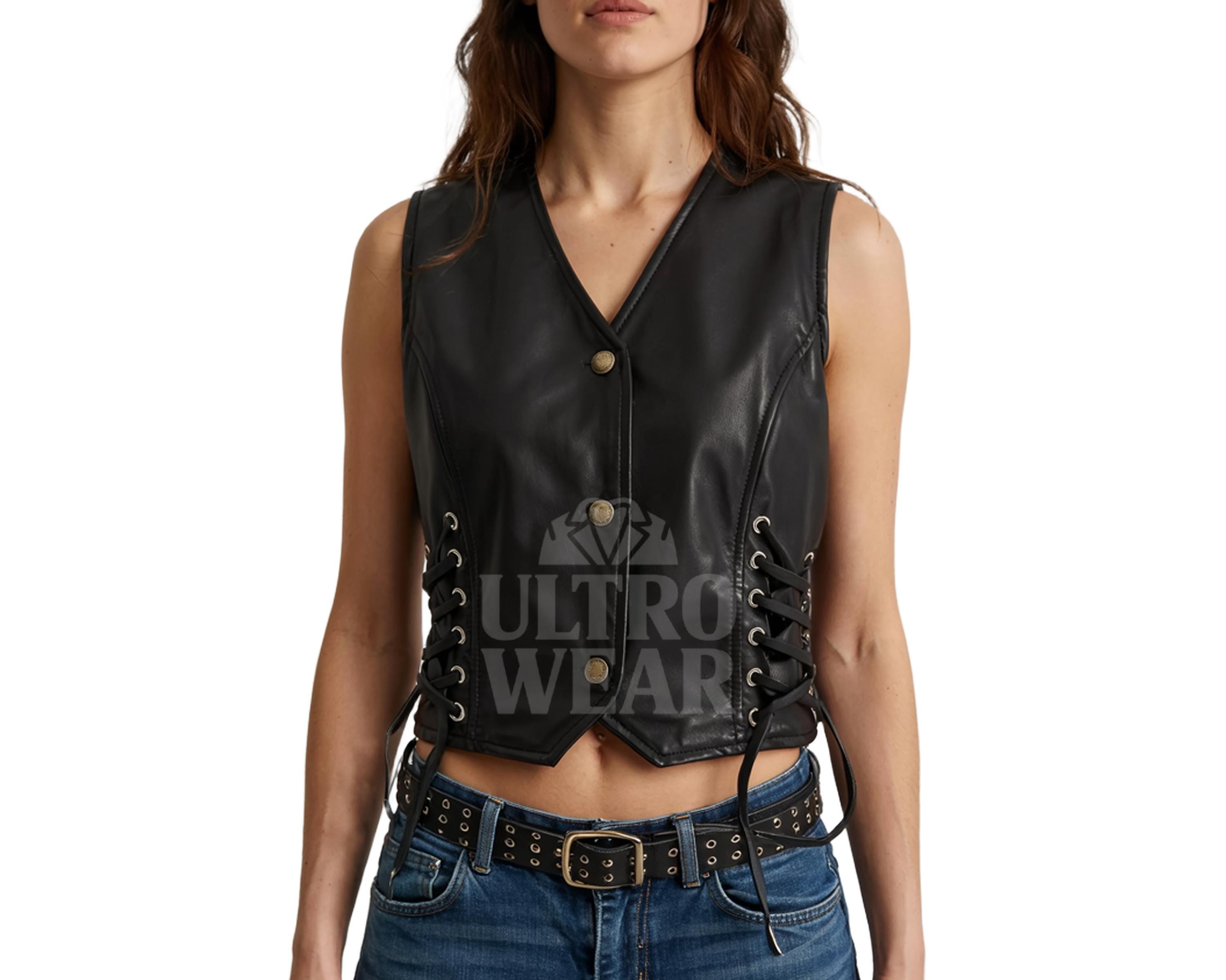 Women's Fitted Black Leather Vest With Side Laces – Western Biker