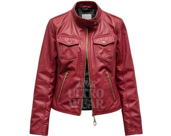Chaqueta de motociclista de cuero rojo para mujer: chaqueta de cuero auténtico con bolsillos con cremallera