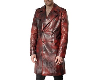 Herrtrenchcoat i rödbrun läder – Lång kappa i vintagestil – Snygg dubbelknäppt lång överrock