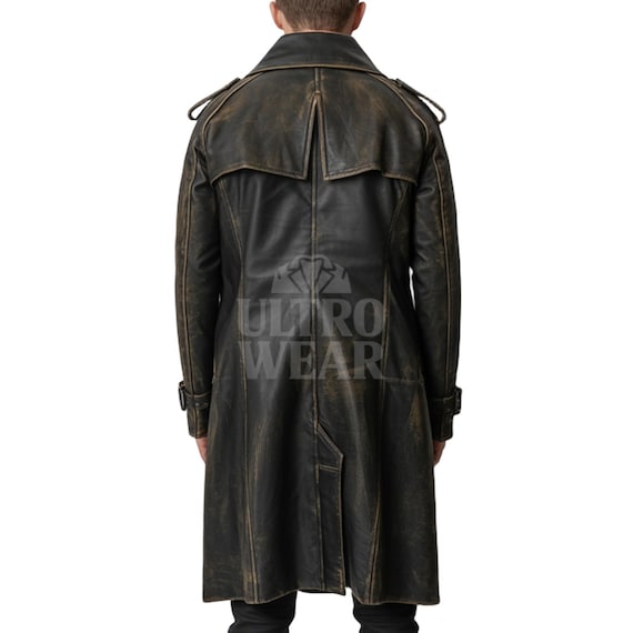 Men's Vintage Real Leather Trench Coat - Long Black Distressed