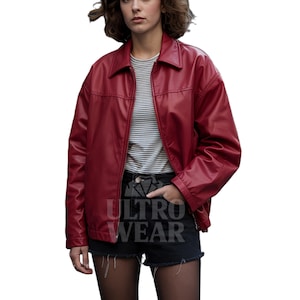 Handmade Women's Red Oversized Bomber Leather  Jacket – Stylish Casual Streetwear Jacket