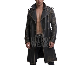Men's Black Distressed Trench Coat – Leather Gothic Vintage Long Jacket