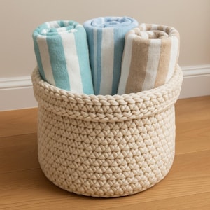 Puede incluir: Una cesta de crochet blanca llena de tres toallas enrolladas. Las toallas son de rayas azules y blancas, azul claro y blancas, y beige y blancas.