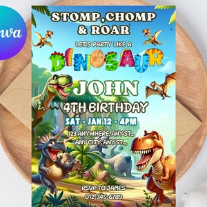 Editable Dinosaur Invitation, DInosaur Birthday Party Invitation, Dinosaur World Invite, T-Rex Party Invite, Jurassic 1st 3rd 5th Birthday