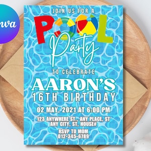 Editable Pool Invitation, Pool Party Birthday Invitation, Neon Glow Invitation, Tropical tie dye, Swimming Pool Party, Instant Download