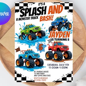 Monster Truck Pool Party Invitation | Summer Splash Bash Birthday Evite | Editable Kids Party Template