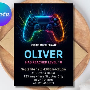 Video Game Party Invitation, EDITABLE Level Up Birthday Invite, Blue Neon Glow Invite, Glow Video Gamer Boy Template Arcade Party Invitation