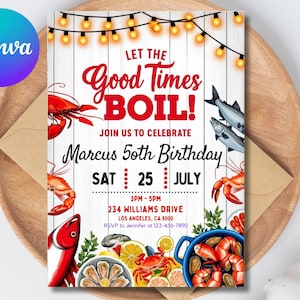 Faire-part d'anniversaire de fruits de mer, laissez bouillir de bons moments, crevettes, calamars, écrevisses, modèle modifiable canva