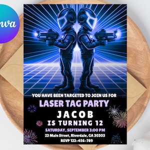 Editable Laser Tag Birthday Party Invitation, Neon Birthday Party, Glow Laser Tag Party Invite, Girls n Boys War Neon Birthday Party Invite