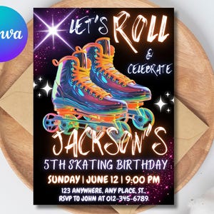 Skate Party Birthday Invitation, Roller Skating, Party Invitation, girl, boy, Retro Neon Lights, Editable Canva Template
