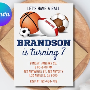 Lets Have a Ball Sports Party Invitation EDITABLE Birthday Invite Baseball Football Soccer Basketball Watercolor DIGITAL 5x7 Printable
