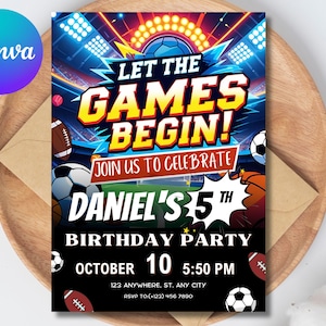 Convite de aniversário esportivo editável, convite para festa esportiva, convite digital para jogo esportivo, convite All Star com tema esportivo, download instantâneo
